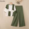 ZANZEA Women 3/4 Sleeve Print Blouse and Pants Casual Two Piece Suit Sets