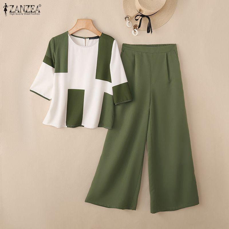 ZANZEA Women 3/4 Sleeve Print Blouse and Pants Casual Two Piece Suit Sets