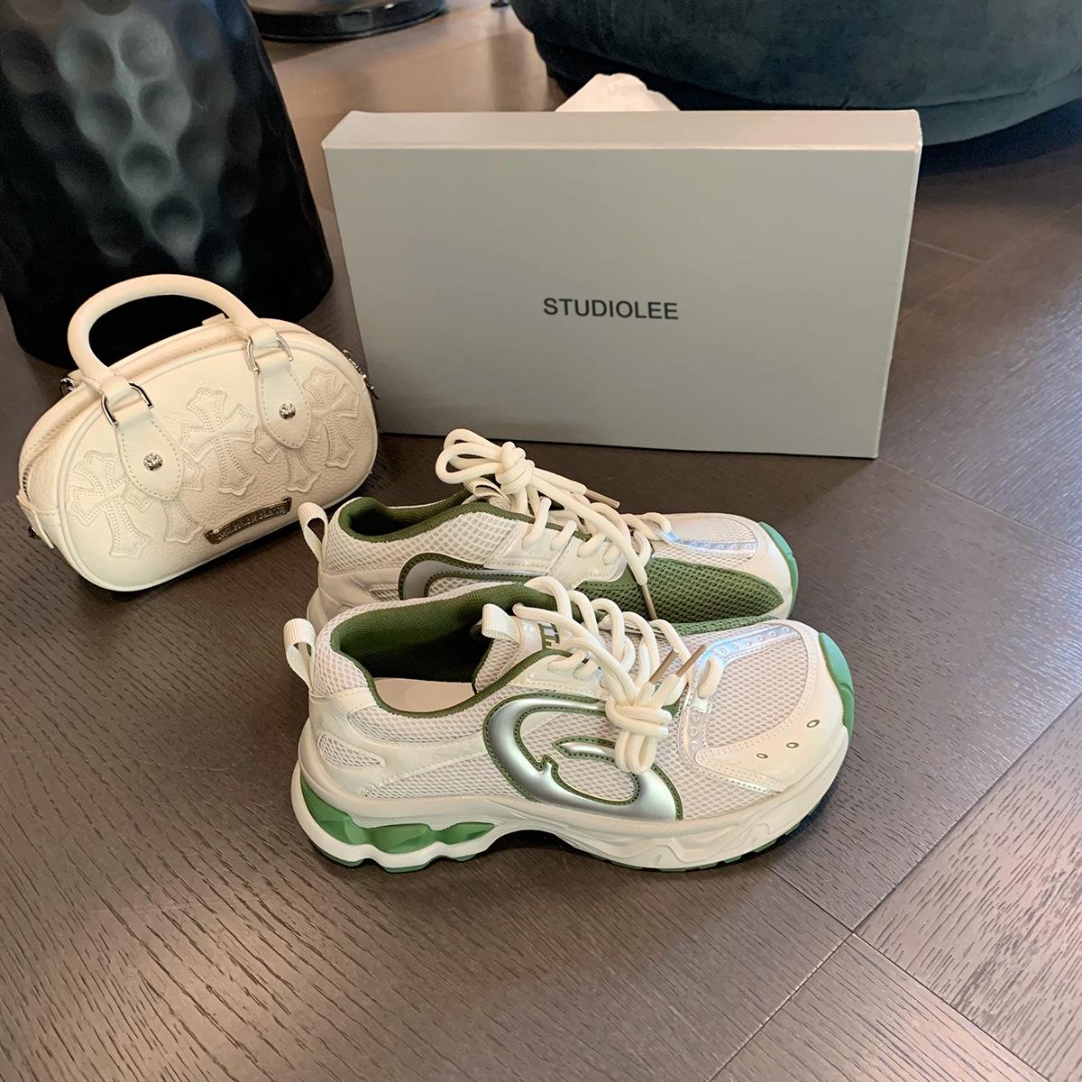 

Grape mother studiolee height increased by 5cm~ fashionable crooked head color matching lace-up casual mesh thick-soled dad shoes 40 зелений