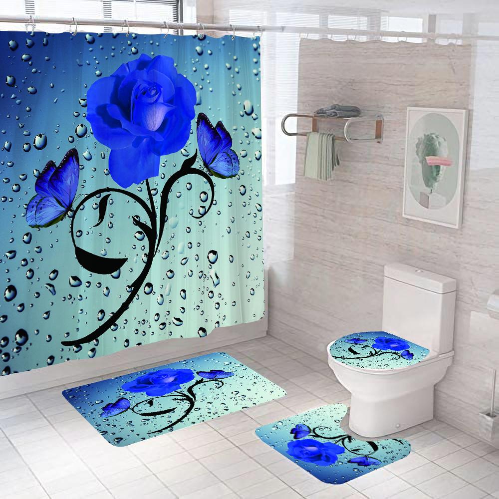 3D Butterfly Flower Fabric Waterproof Shower Curtain Bathroom Curtains Set Blue Pink Rose Non-Slip Rug Toilet Lid Cover Bath Mat