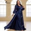 Plus-Size Ball Gown Evening Dress, Elegant and Luxurious Sequined Party Cape, V-Neck Long-Sleeve Dress, Birthday Gown, Long Dress