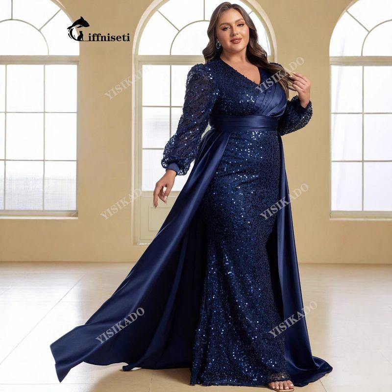 Plus-Size Ball Gown Evening Dress, Elegant and Luxurious Sequined Party Cape, V-Neck Long-Sleeve Dress, Birthday Gown, Long Dress