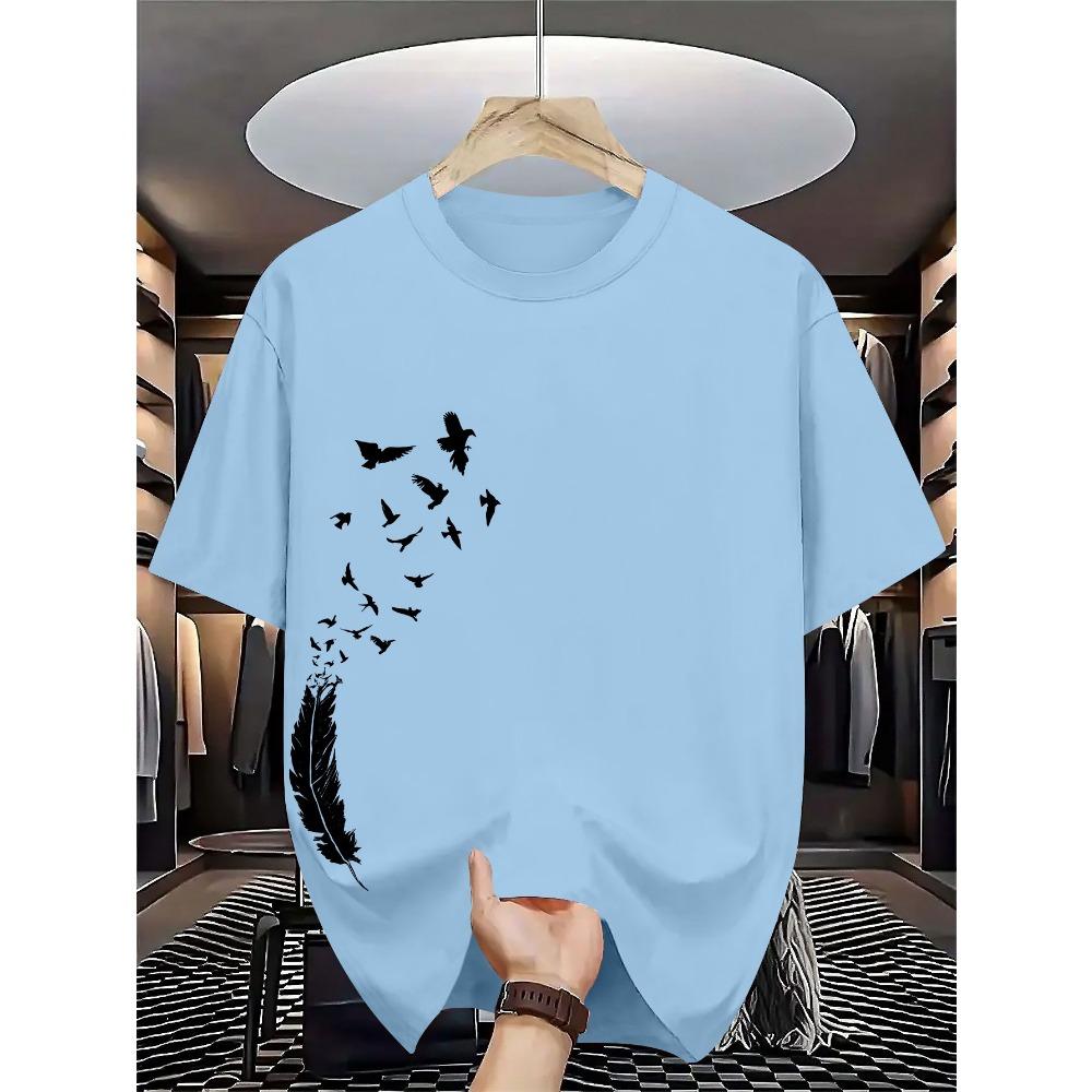 Men's 100% pure cotton summer casual loose fashion bird creative pattern printed round neck T-shirt versatile top
