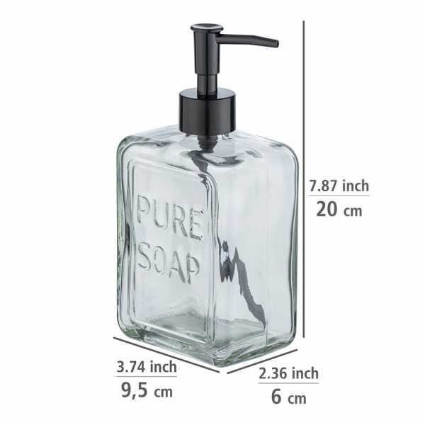 WENKO Distributeur De Savon Liquide "Pure Soap", Capacité 550 Ml, Distributeur De Savon Liquide En Verre, 9,5x20x6 Cm, Transparent
