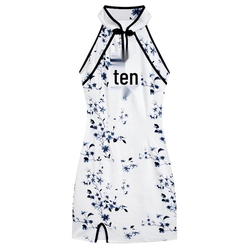 Novo Cheongsam Floral Sem Mangas Off-the-Shoulder com Botões de Sapo: Vestido Curto Acinturado, que Molda o Quadril, com Fenda para Mulheres - Estilo Verão