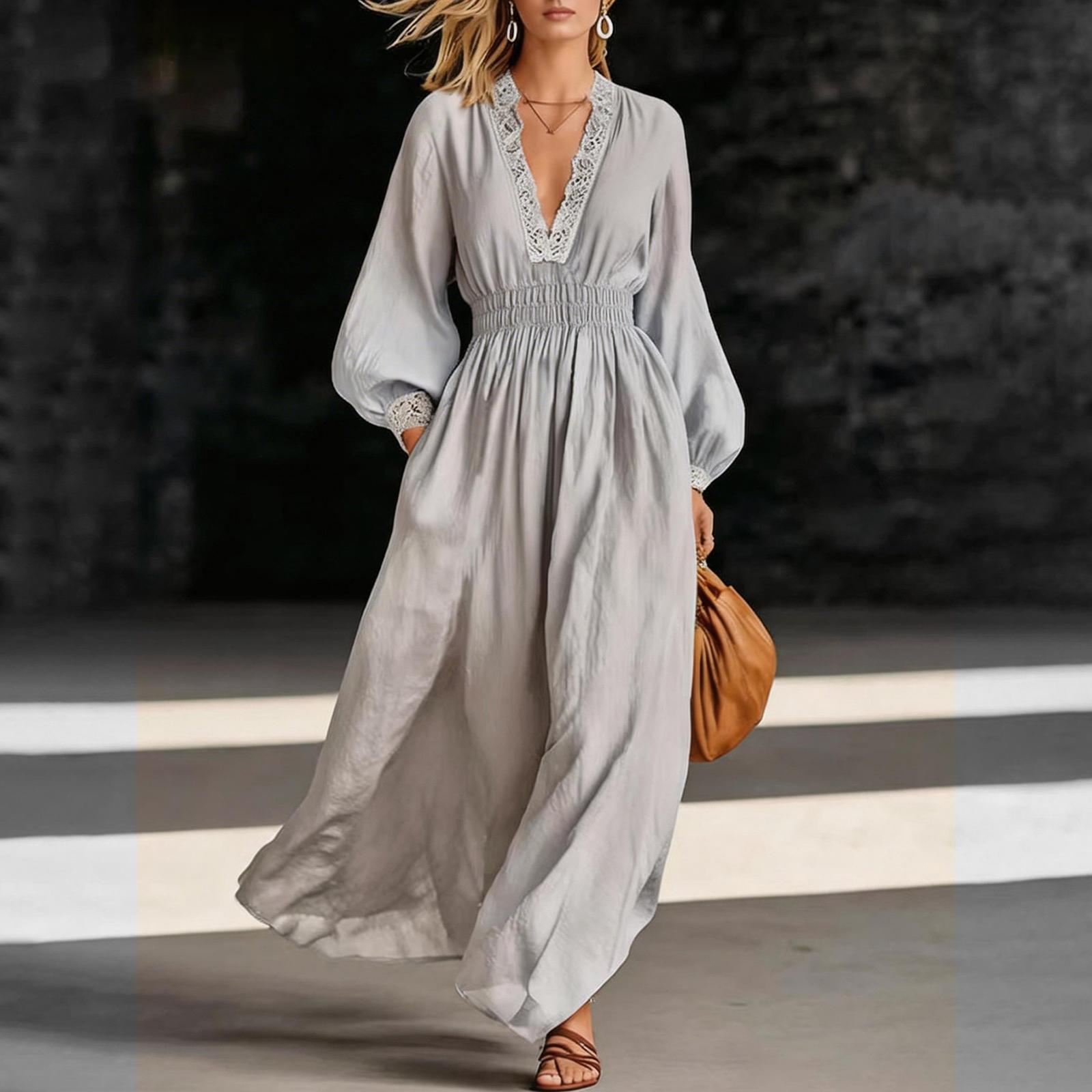 Ladies  Fashionable And Casual V-neck Long Dress With Elegant Temperament, Split Women s Dress L