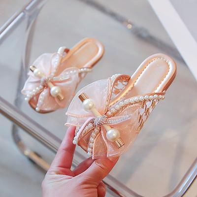Roze Mesh Strik Parel Open Teen All-match Slippers voor Rok 2024 Kindermode Zoete Prinses Platte Casual Sandalen voor Meisjes