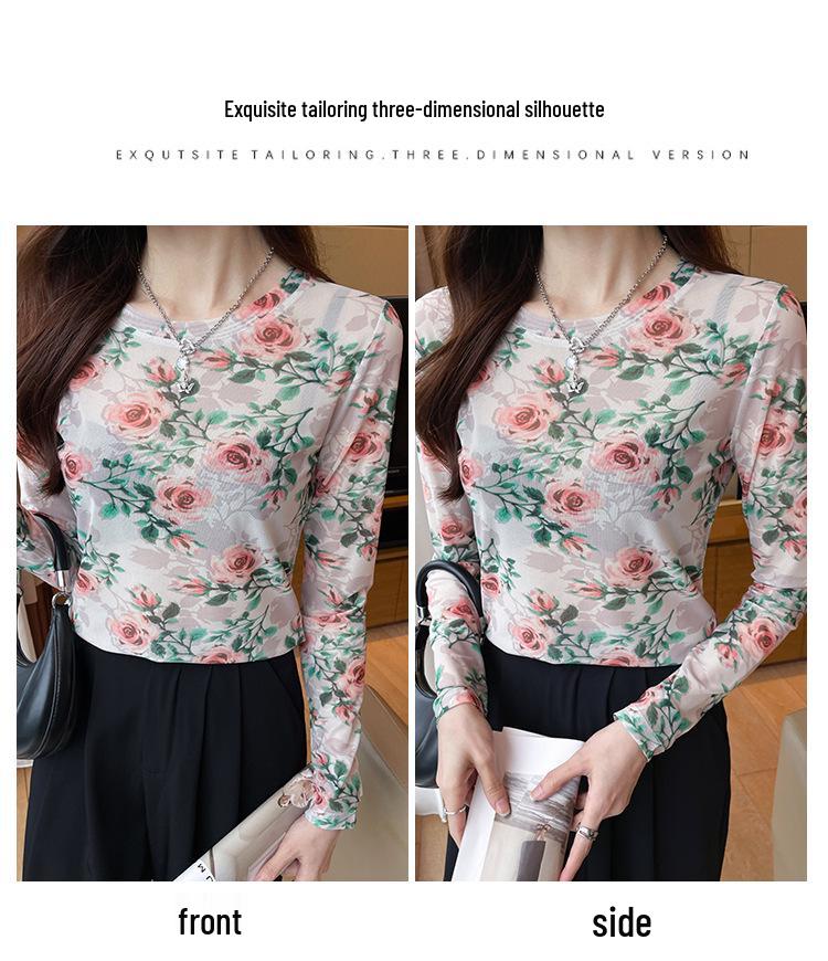Retro Floral Print Mesh Women's Long Sleeve Sun Protection T-Shirt