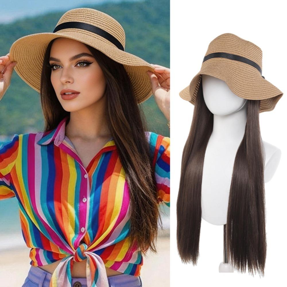 Wide Brim Summer Straw Sun Hat Wig Sun Protection Long Straight Hair  Outdoor