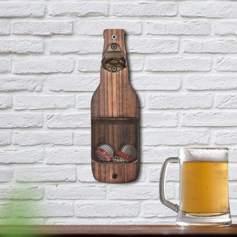 Wall Mounted Beverage Opener With Storage Basket For beverages And Beer Wooden Kitchen Accessory