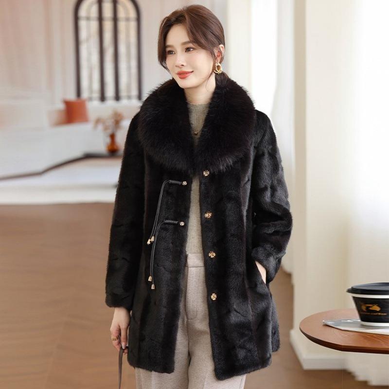 

Женская норковая бархатная кожаная куртка Женская зимняя теплая меховая интегрированная средней длины с меховым воротником тонкая куртка 5XL [Recommended 150-80 kg]