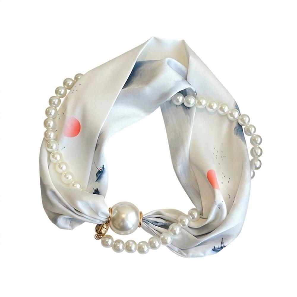 Magnetic Buckle Pearl Magnetic Clasp Scarf Thin Women's Shirt Necklace Elegant Silk Scarf  Women