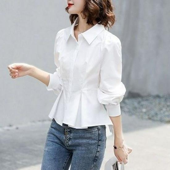 White Puff Sleeve Long Sleeve French-Inspired Blouse - Irregular Autumn Korean Style