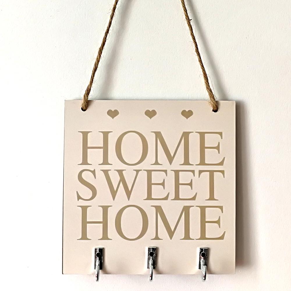 Decorative Wall Home Sweet Rustic White Wood Hanging Plaque Sign With Hooks Key Hanger Gift