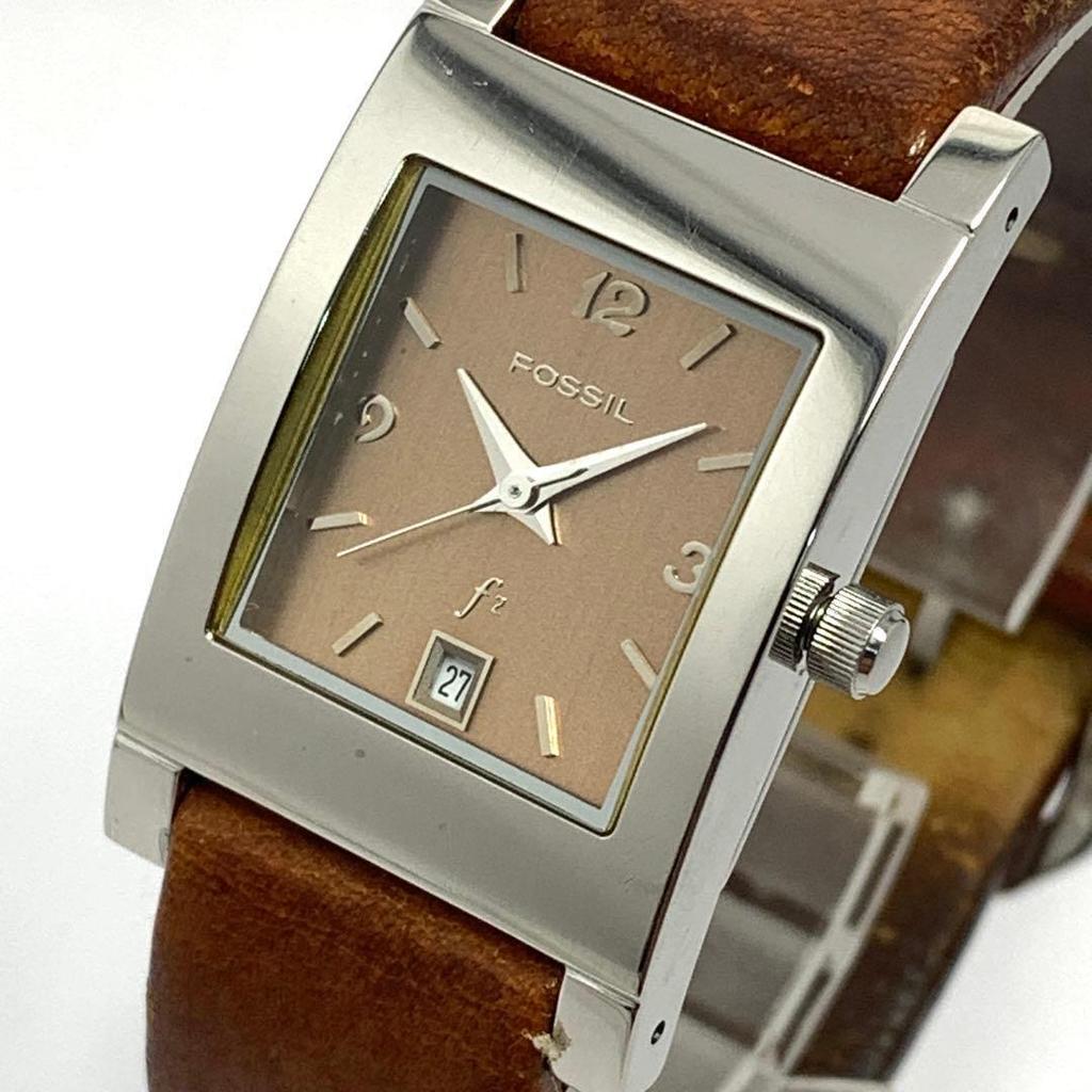 Used 420 [Battery Replaced and Cleaned] Working Item FOSSIL Women's Watch Fossil Brown Square Date Date Quartz Popular Vintage