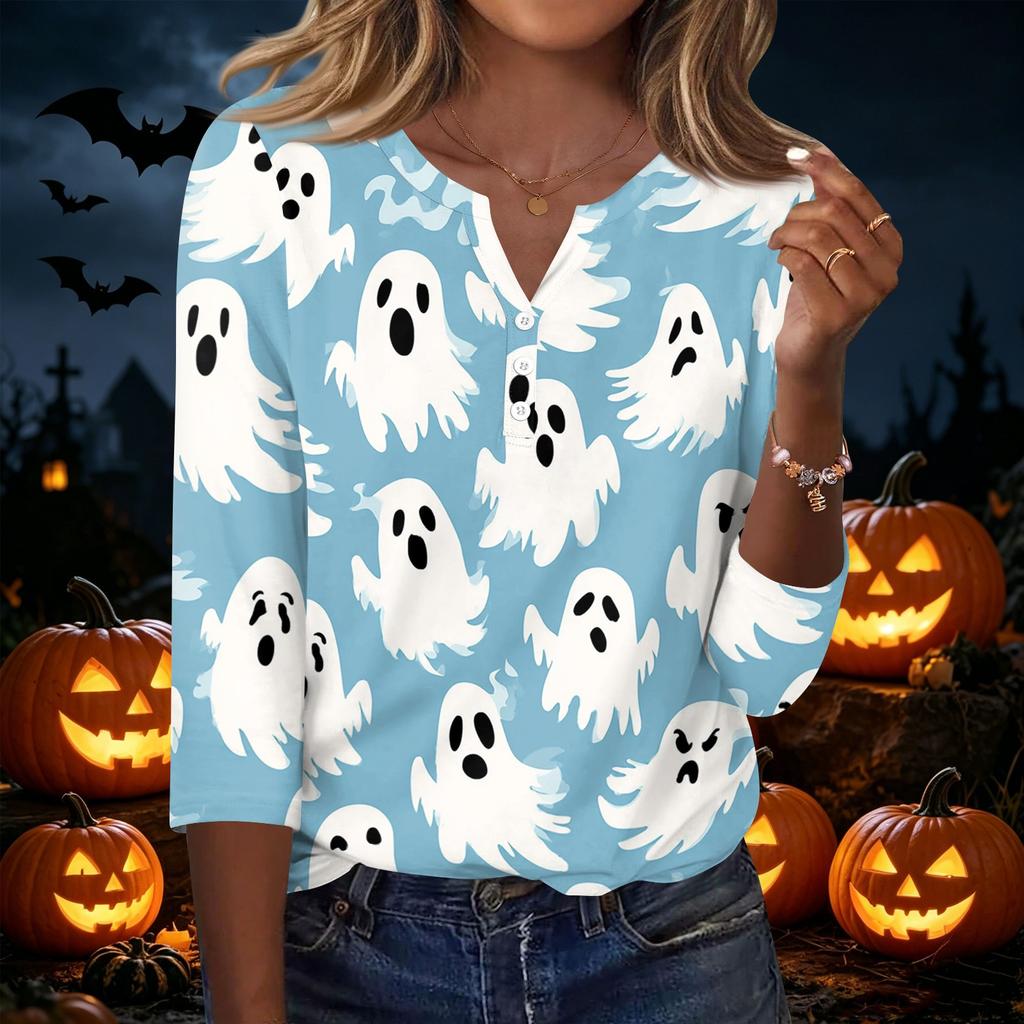 Women's Casual V Neck Button Front Halloween Print T Shirt Three Quarter Sleeve Top Lightweight Soft Fabric Comfortable Fit
