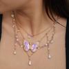 Women Necklace Multi Layer Chain Imitation Pearls Decor Butterflies Charm Choker Necklace Adjustable Length Neck Jewelry