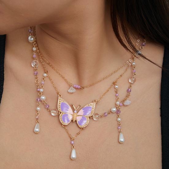 Women Necklace Multi Layer Chain Imitation Pearls Decor Butterflies Charm Choker Necklace Adjustable Length Neck Jewelry