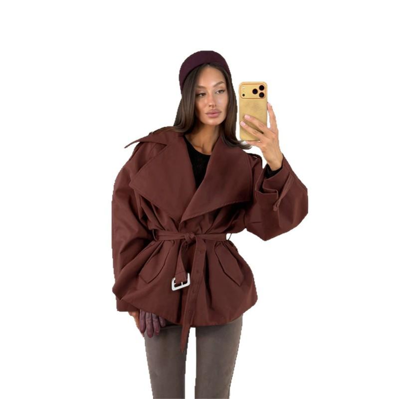 2026 Fall Winter Womens Trench Coat Slim Belted Oversized Lapel Street Style Commute Outerwear