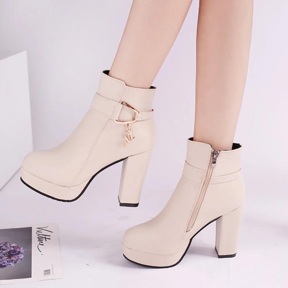 European and American Autumn and Winter Plus Plus Thick Heel High-heeled Women's Short Boots with Plush Warm Leather Boots