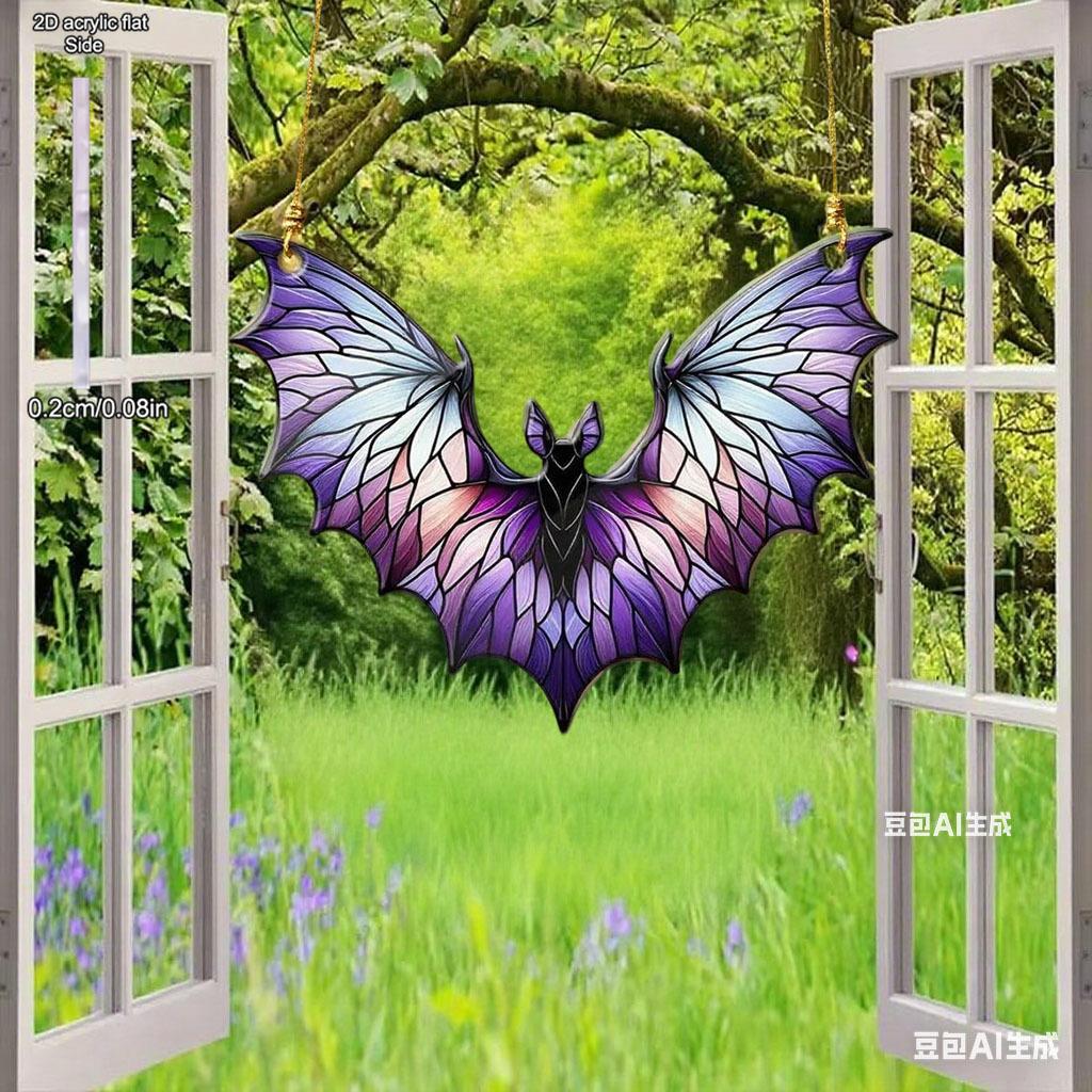 1pc Stained Glass Effect Acrylic Bat Hanging Decoration Gothic Halloween Window Decor Colorful Suncatcher for Home Party Decor Gift