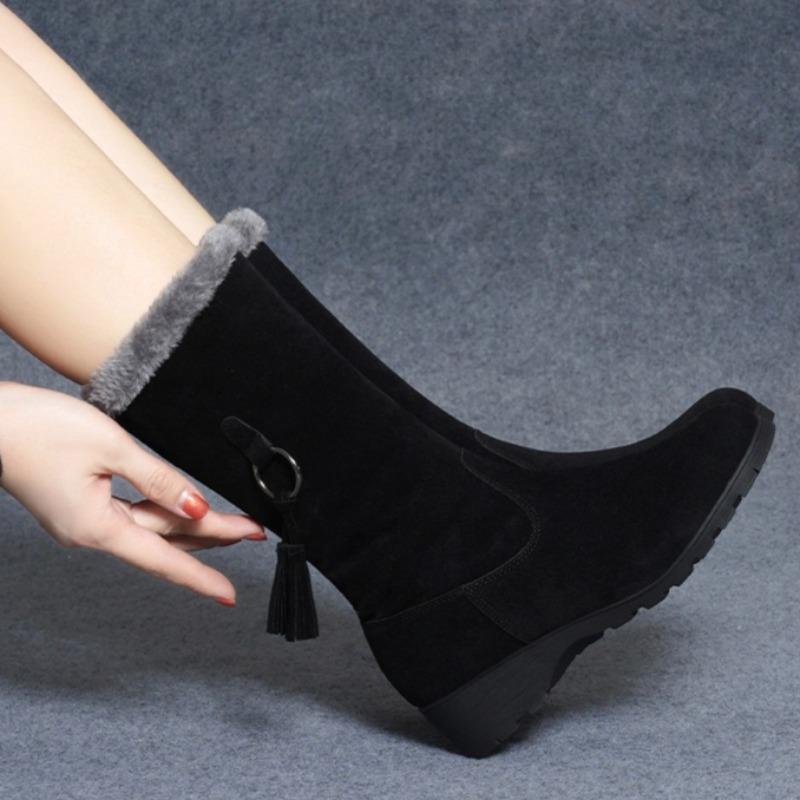 Mode Keil Baumwollstiefel Winter Neu Runde Zehe Wildleder Metallring Seitenreißverschluss Plateau Rutschfest Verschleißfest Hohe Stiefel