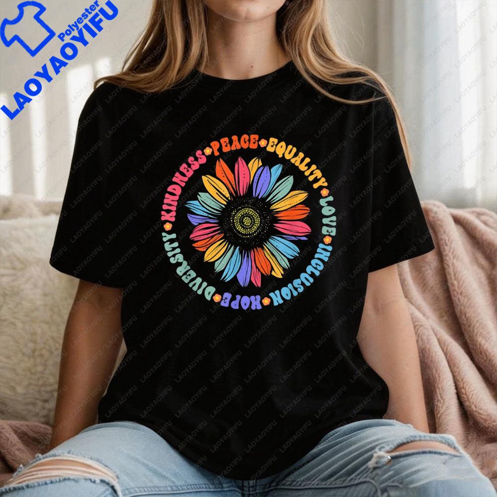 Kindness Peace Equality Love Hope Diversity HuUnisex Rights TShirt Colorful Flower Print Pattern Tops Oversized Casual Tees S