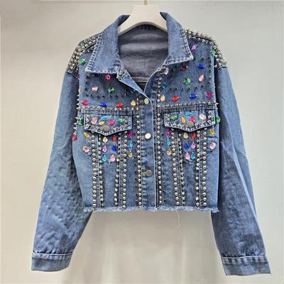 Europäische Station 2026 Frühling Nieten & Diamanten Ausgefranster Rand Damen Jeansjacke