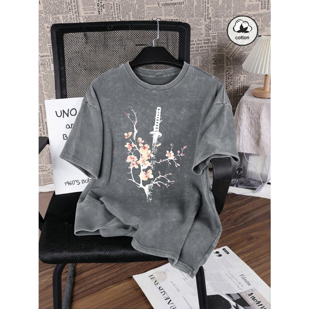 Japanese Cherry Blossom Sword Design Washed T Shirt Women Cotton Summer T-Shirt Casual Y2K Loose Short Sleeves Tops