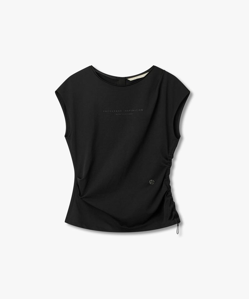 Bobeu Lettering Print Shirred T-Shirt_Black 7156240011