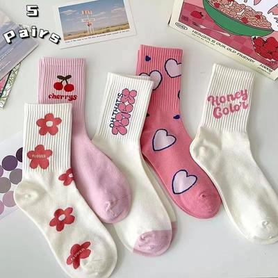 5 Pairs Socks Ladies Socks Letters Small Flowers Mid-calf Socks Cherry Love Cotton Tide Socks