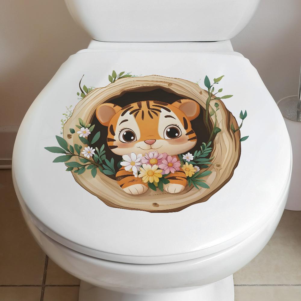 Cartoon Tiger in Tree Hollow Toilet Wall Sticker Self-Adhesive Removable Bathroom Cute Home Decor Art