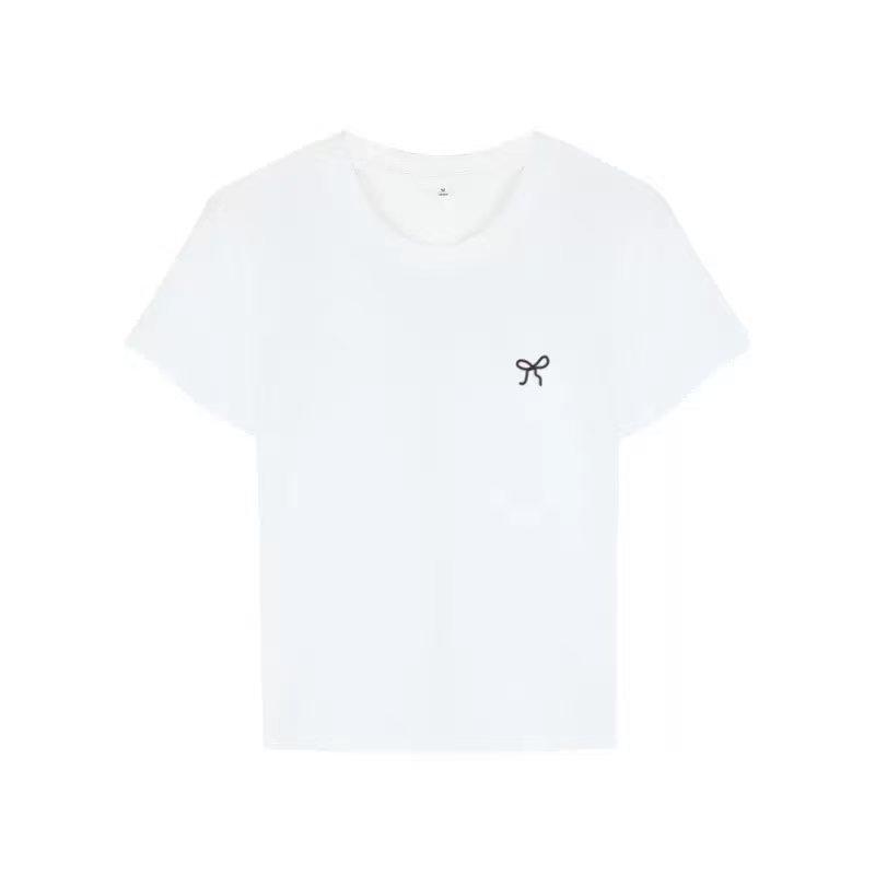 2025 Summer Women's Bow Embroidered Slim Fit Short-Sleeve T-Shirt - Sweet Straight Shoulder Round Neck