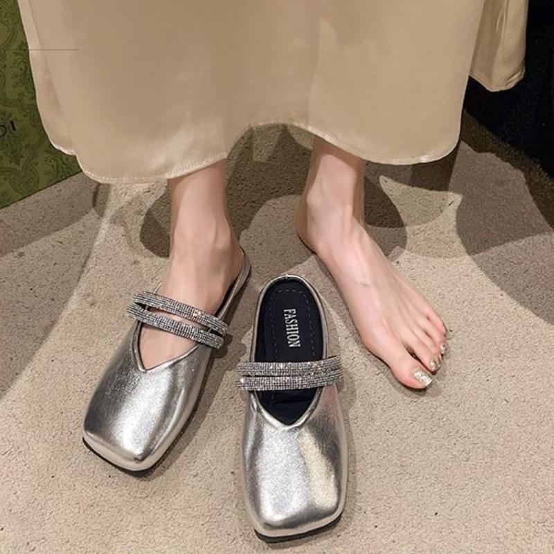 Square Toe Flat Sandals Rhinestone Woman Slippers High Quality Easy Wears Slides 2025 Luxury New Style Vip Mules Shoes for Women