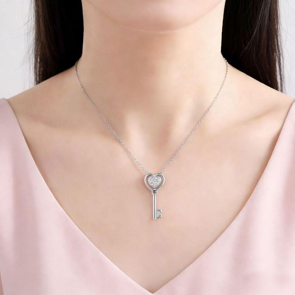 S925 Sterling Silver Heart Key Necklace: Elegant Double-Sided Pendant with Clavicle Chain for Women