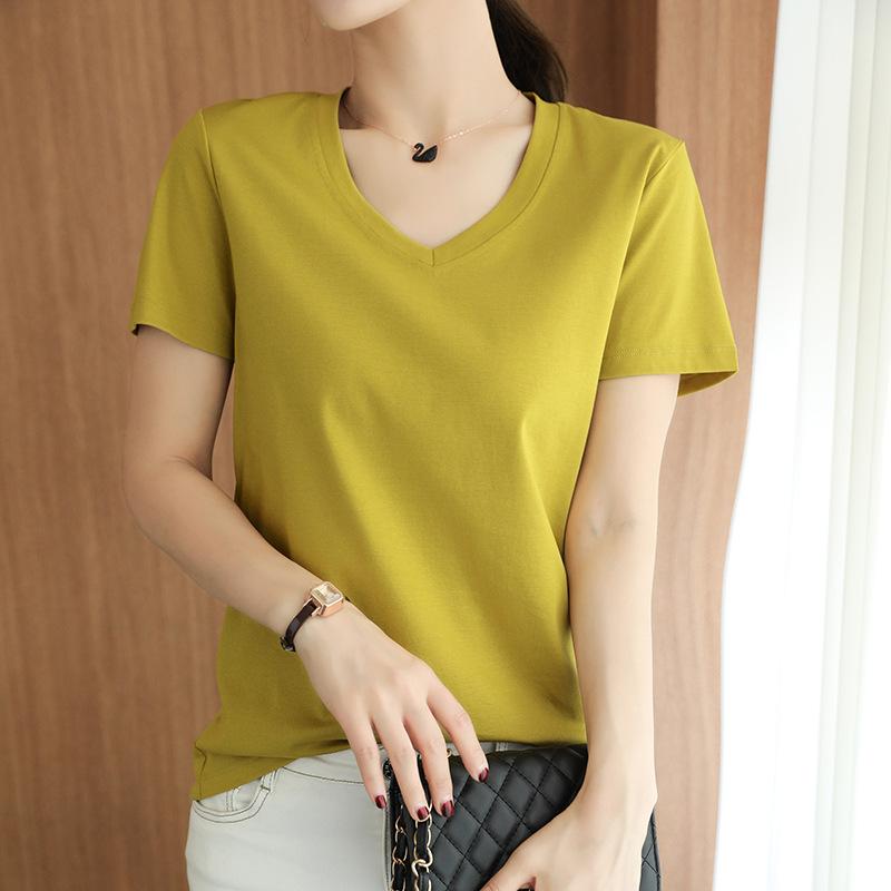 V-neck T-shirt for Women Mercerized Cotton T-shirt for Cotton Thread Short-sleeved Summer Updated Slim Versatile Half-sleeved Top
