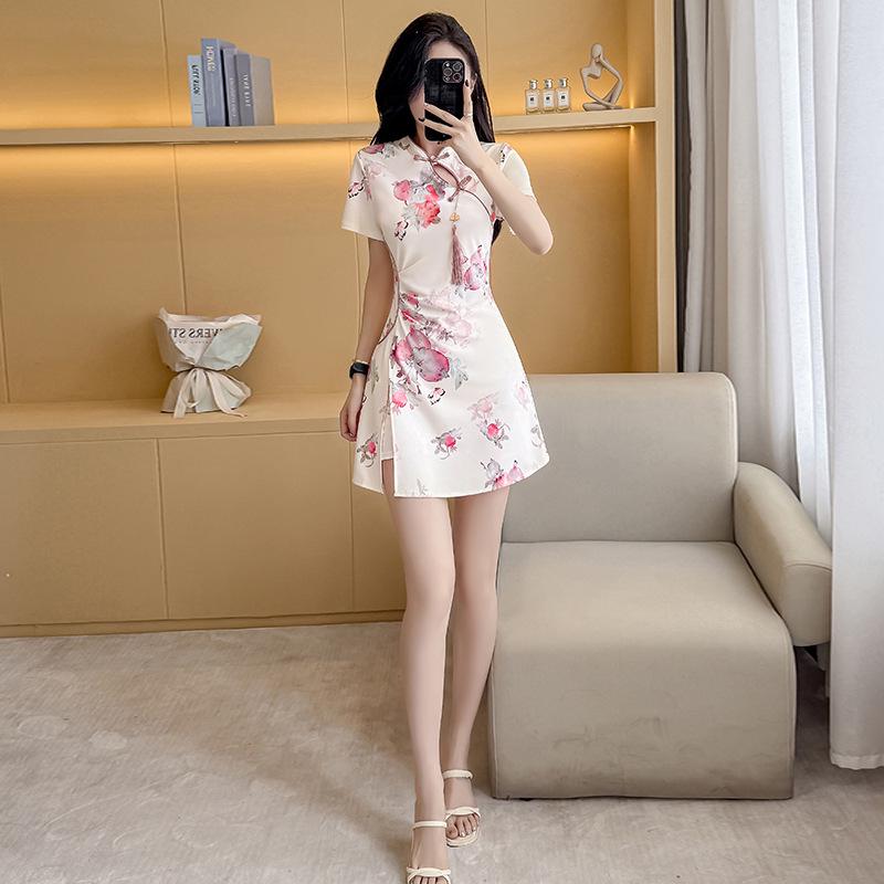 Elastic Floral Cheongsam Dress Set for Young Women