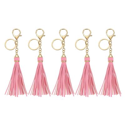 Uxcell 5-Piece Set of Leather Keychain Tassels for Women, Lobster Buckle Key Rings for Handbags, Wallets, and DIY Crafts, Pink