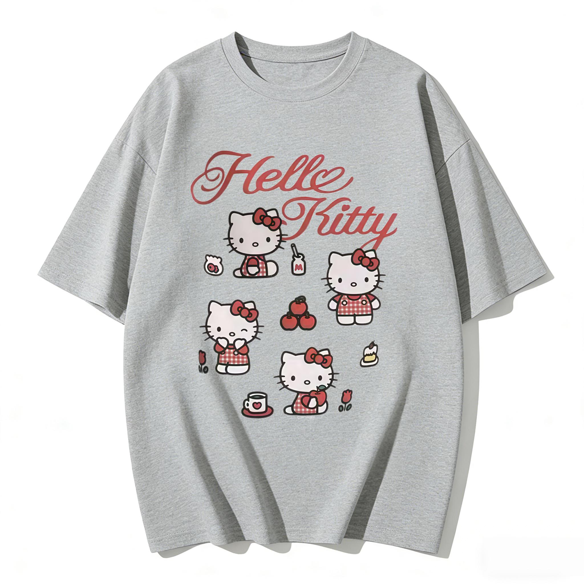 

2026 New Arrival Kawaii Hello Kitty Red Plaid Print Couple T Shirts Casual Loose Family Matching Outfits Parentchild Tees Tops S