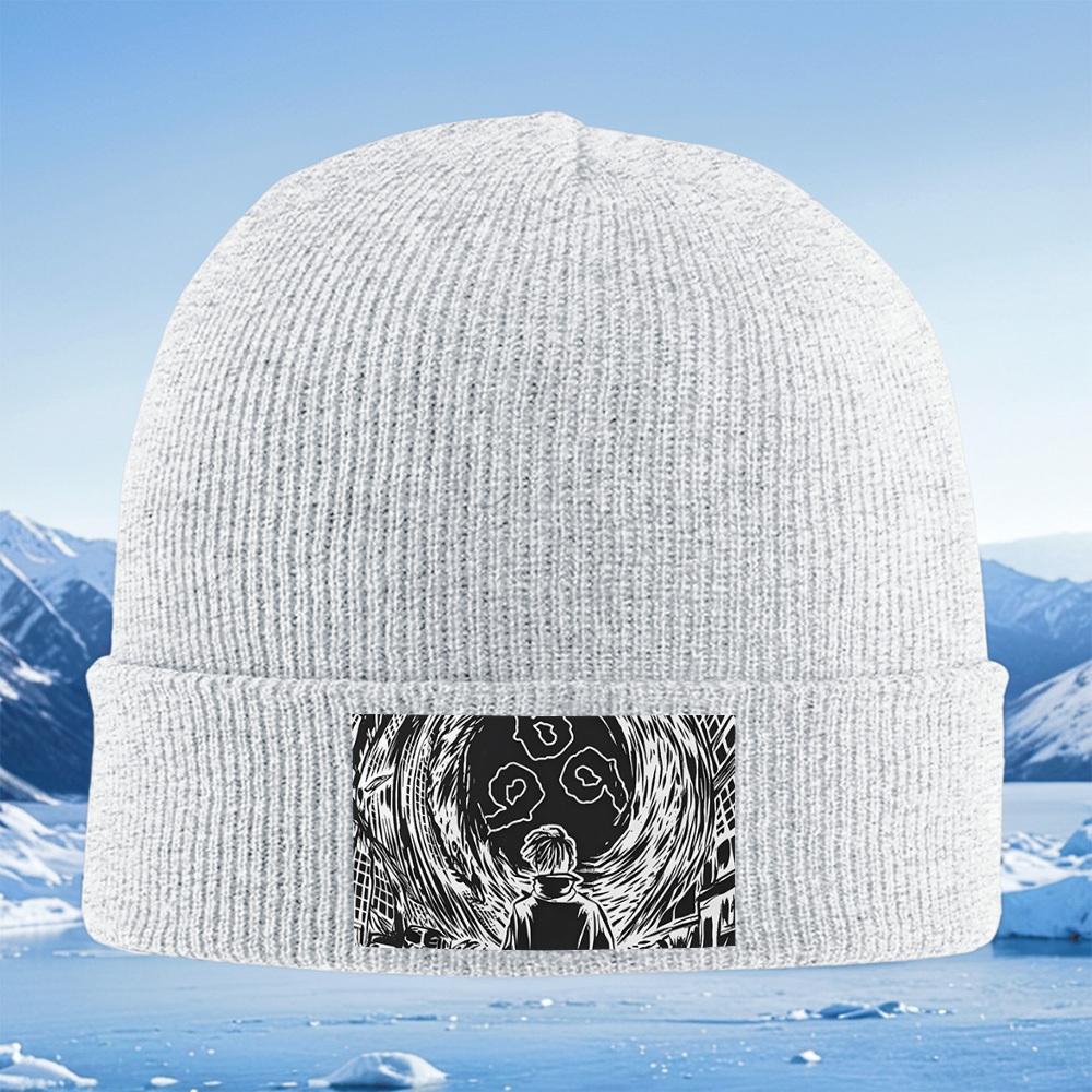 Figure swirling black shapes circles white. Men Women Unisex Knitted Hat Beanie Pullover Cap Winter Thermal Warm Christmas Outdo