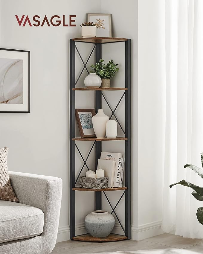 VASAGLE 5-Tier Corner Shelf, Storage Shelf Unit Multifunction, Bookcase, Plant Stand, for Living Room, Bathroom, Kitchen, Bedroom, Office