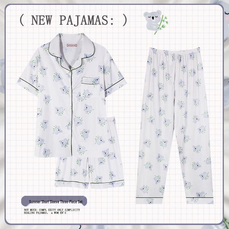 Pastoral Women's Pajama Set: Soft, Cute Rabbit Design, Short-Sleeve, Casual Three-Piece Loungewear.