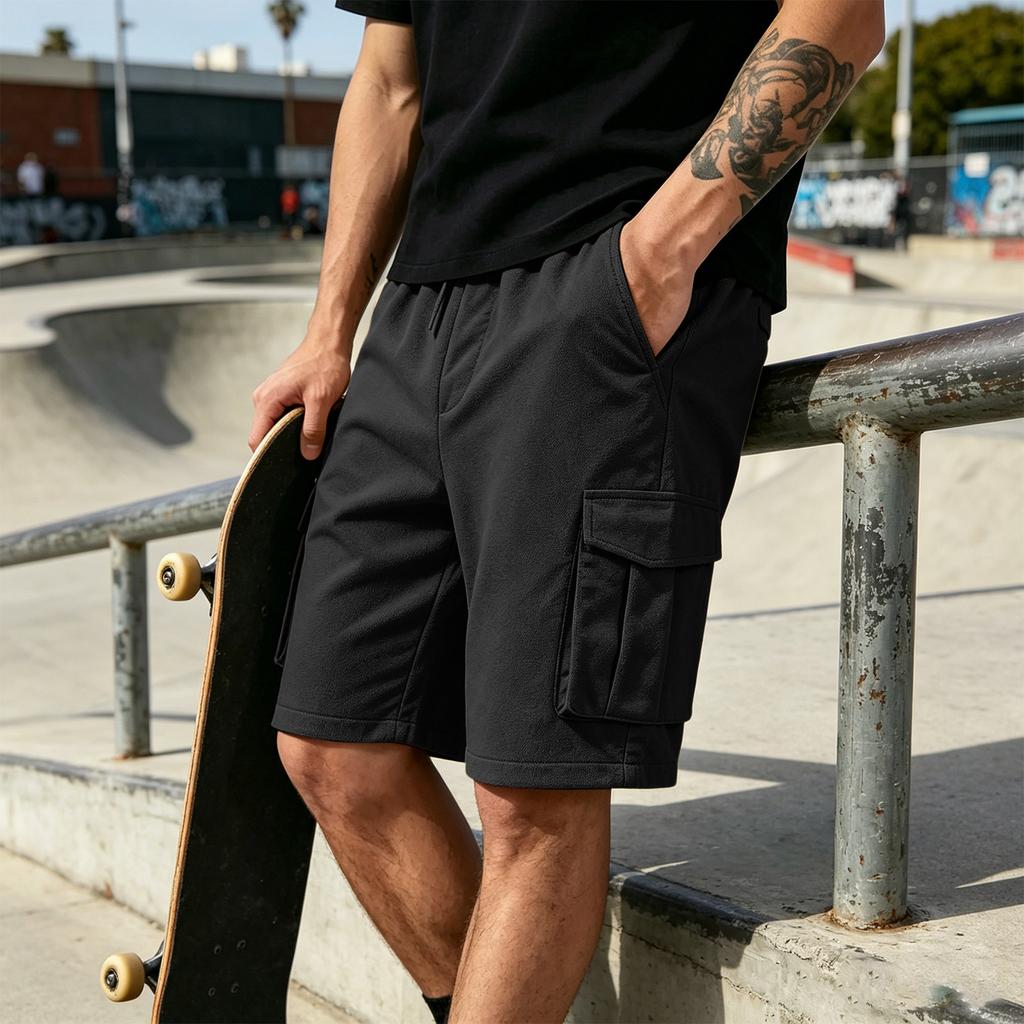 Men’s Casual Drawstring Waist Cargo Shorts with Multiple Pockets Relaxed Fit Knee Length Five Pocket Design