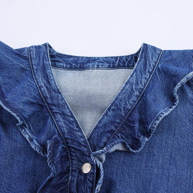 Versatile Autumn Lace Trim Denim Lapel Shirt for Women