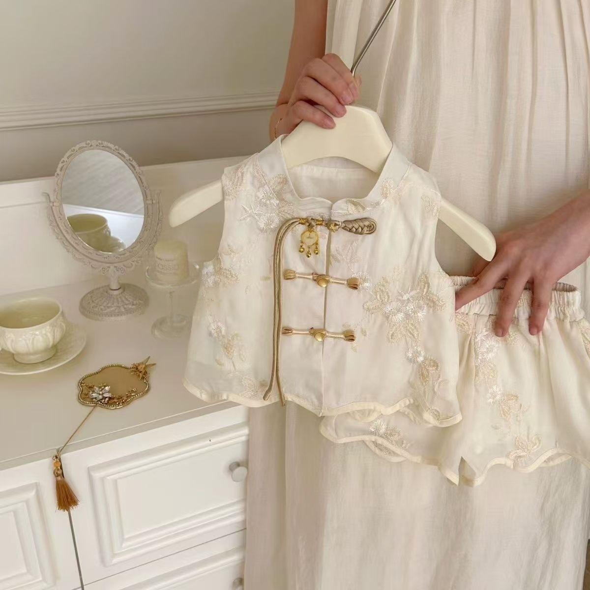Girls Summer New Chinese Hanfu Set Sleeveless Top And Shorts Two Piece Outfit Traditional National Wind Clothing 90cm