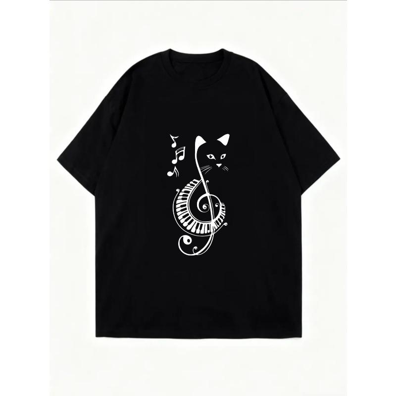White Oversized T-Shirt With Cat And Music Note Print For Casual Wear
