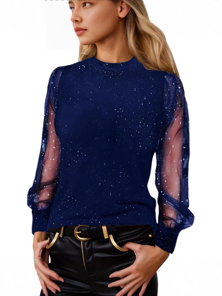 2026 European Glitter Long Sleeve Women's Casual Loose Round Neck T-shirt Top