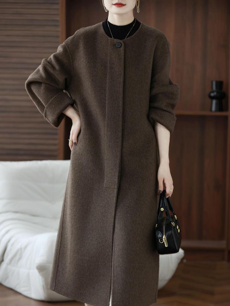 Women's Extra Long Double-Faced Wool Coat - Round Neck, Chinese Style