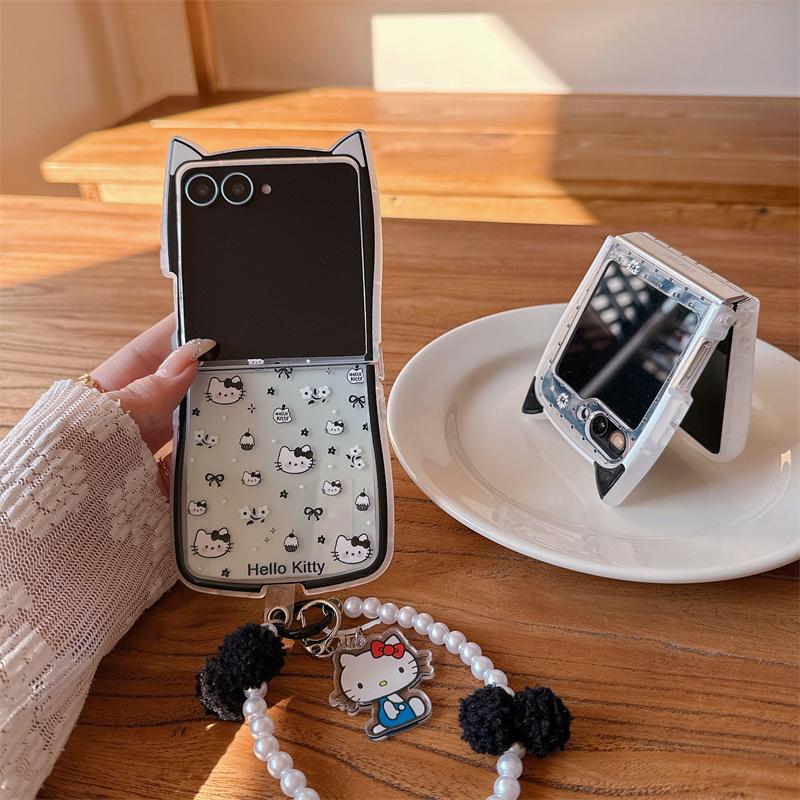 New Hello Kitty Cat Ear Glitter Clear Phone Case With Pearl Pom Pom Lanyard For Samsung Galaxy Z Flip 3 4 5 6 7 INS Cute Shockpr