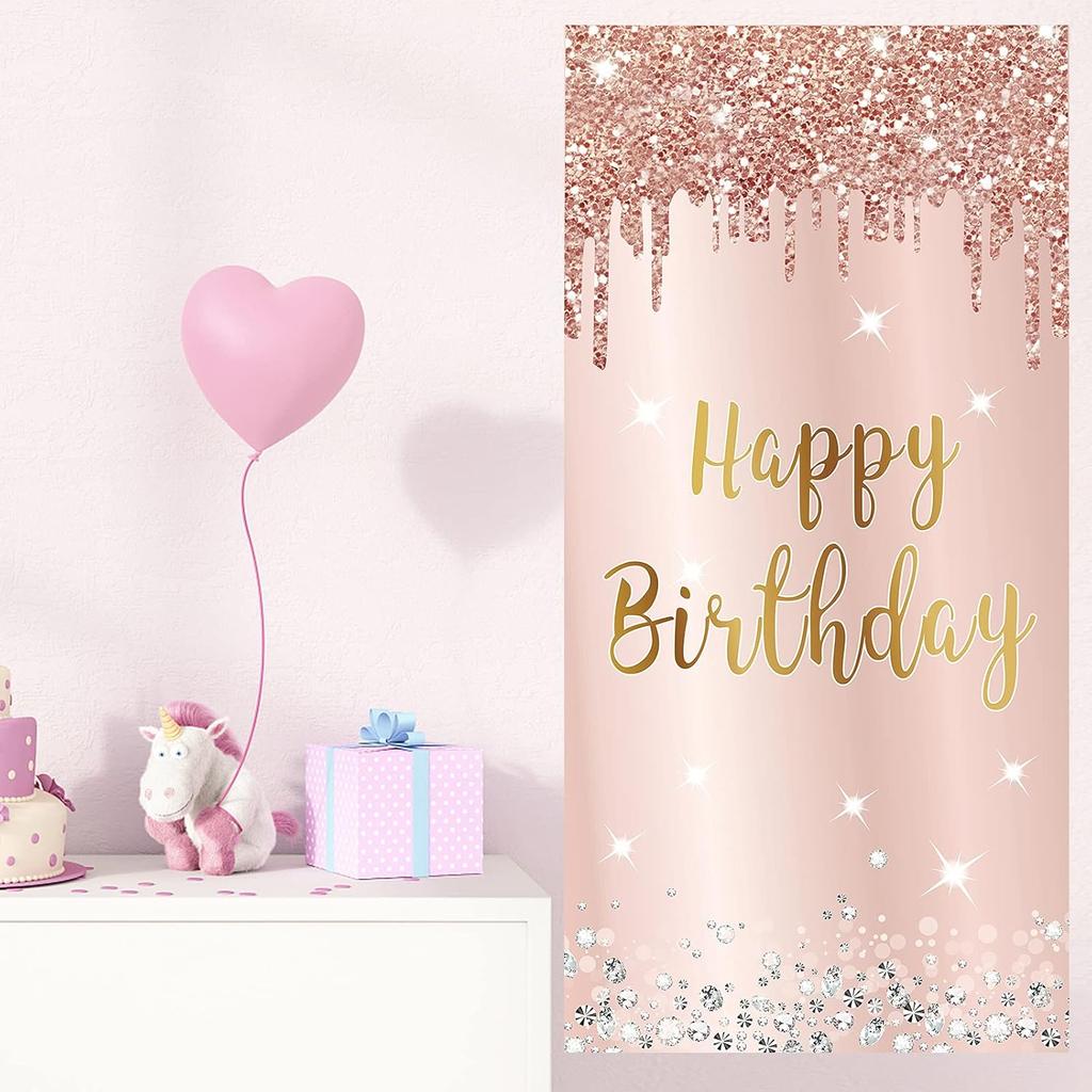 Pink Rose Gold Happy Birthday Door Banner Decorations, Happy Birthday Door Cover Backdrop Party Supplies for Women, Large 16th 21st 30th 40th 50th